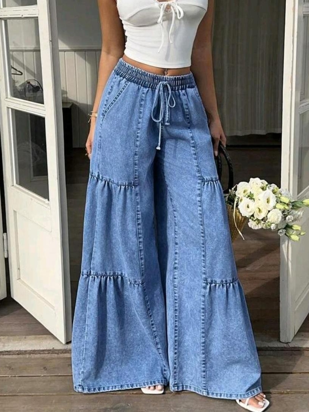 Wide Leg Tiered Jeans - Light Blue